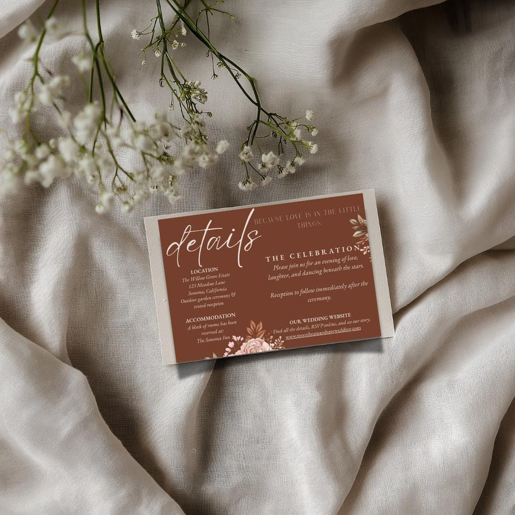 Boho Wedding Details Card Template: Pink Floral (Editable Canva, Instant Download)