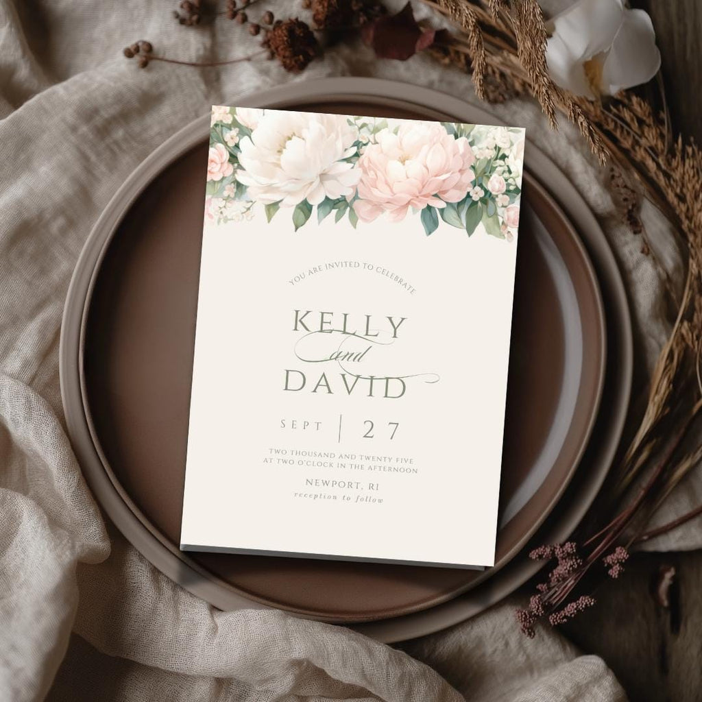 Boho Floral Wedding Invitation Template: Soft Pink, Editable Canva (Digital Download)