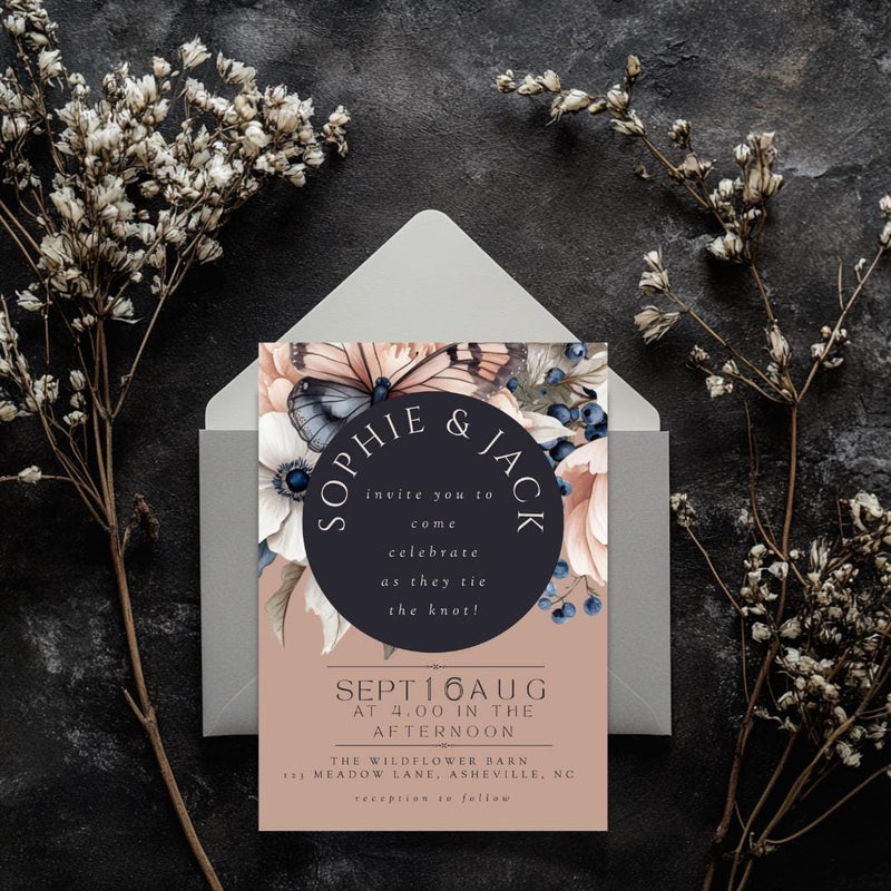 Dark Floral Wedding Invitation: Moody Butterfly Design (Editable Canva Template)