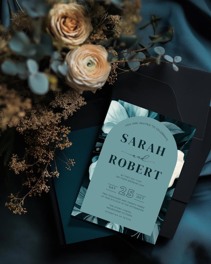Modern Teal Wedding Invitation Template: Botanical Arch (Digital Download)