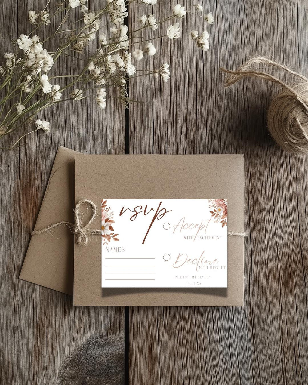 Boho Floral Wedding RSVP Card Template: Pink & Neutral (Editable Canva, Instant Download)