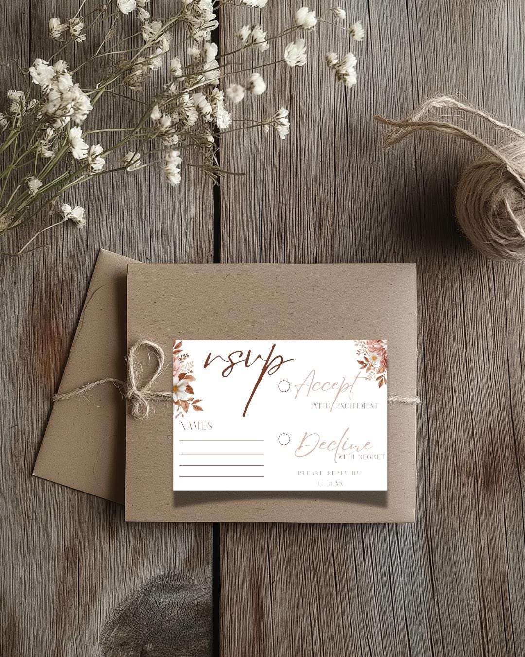 Boho Floral Wedding RSVP Card Template: Pink & Neutral (Editable Canva, Instant Download)