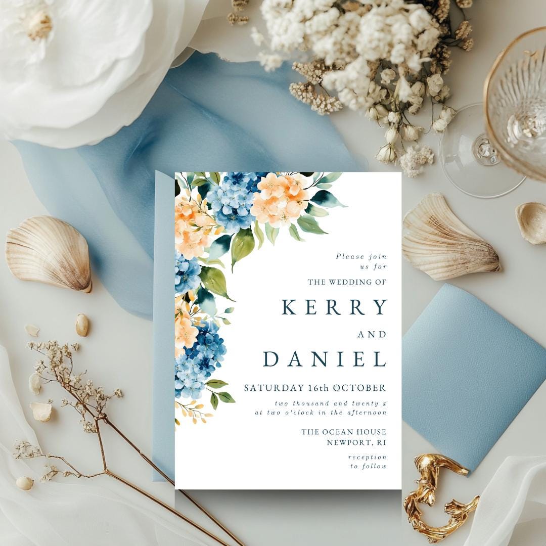 Blue Peach Hydrangea Wedding Invitation Template (Digital Download)