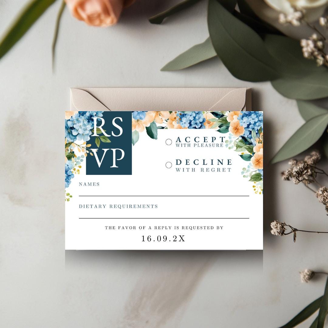 Blue Hydrangea Wedding RSVP Card: Elegant Floral Design (Editable Instant Download)