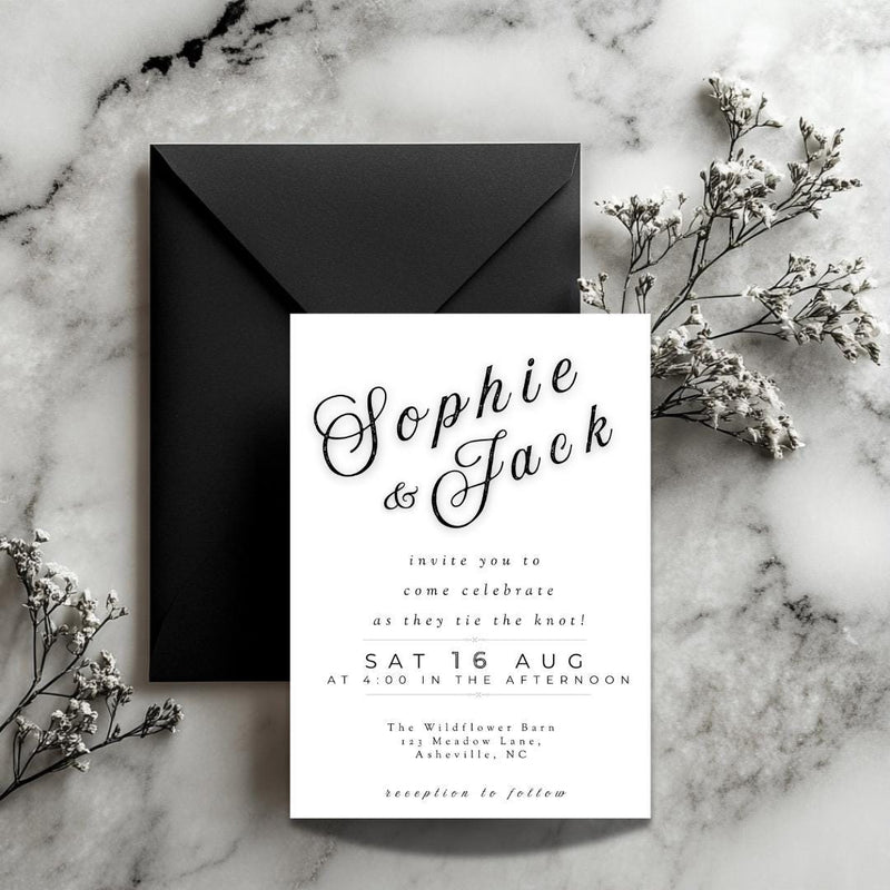 Minimalist Wedding Invitation Template | Editable Modern Script Invite | Line Art Design | Printable Wedding Suite