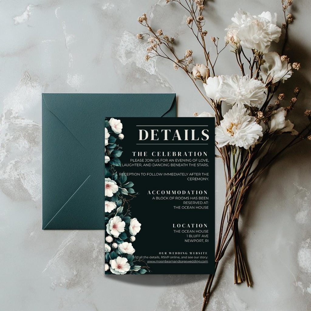 Teal Floral Wedding Invitation Suite: Moody Botanical Canva Template