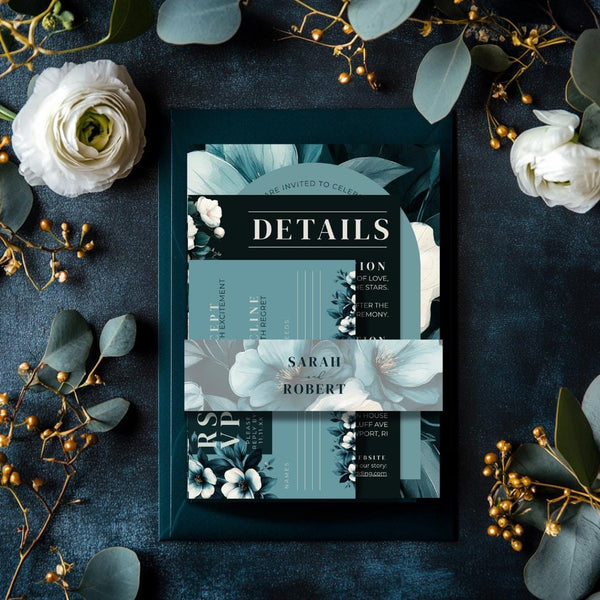 Teal Floral Wedding Invitation Suite: Moody Botanical Canva Template