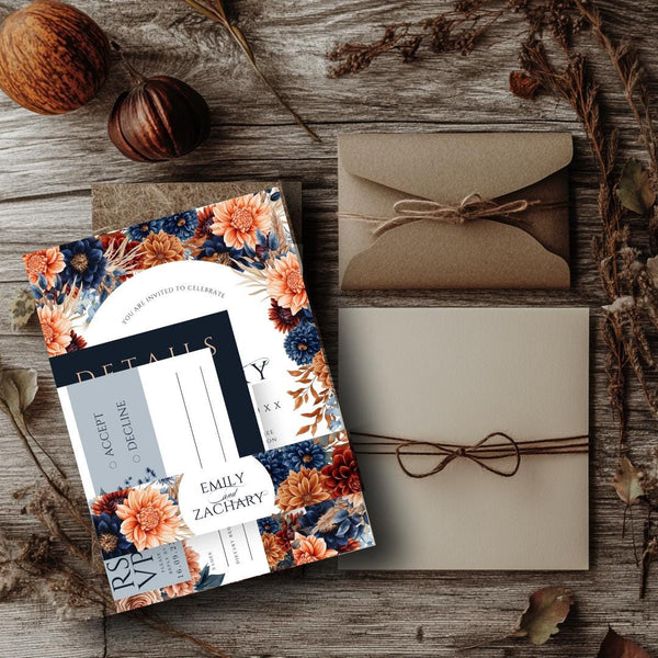 Rustic Fall Wedding Invitation Set: Navy & Burnt Orange Floral (Canva Template)