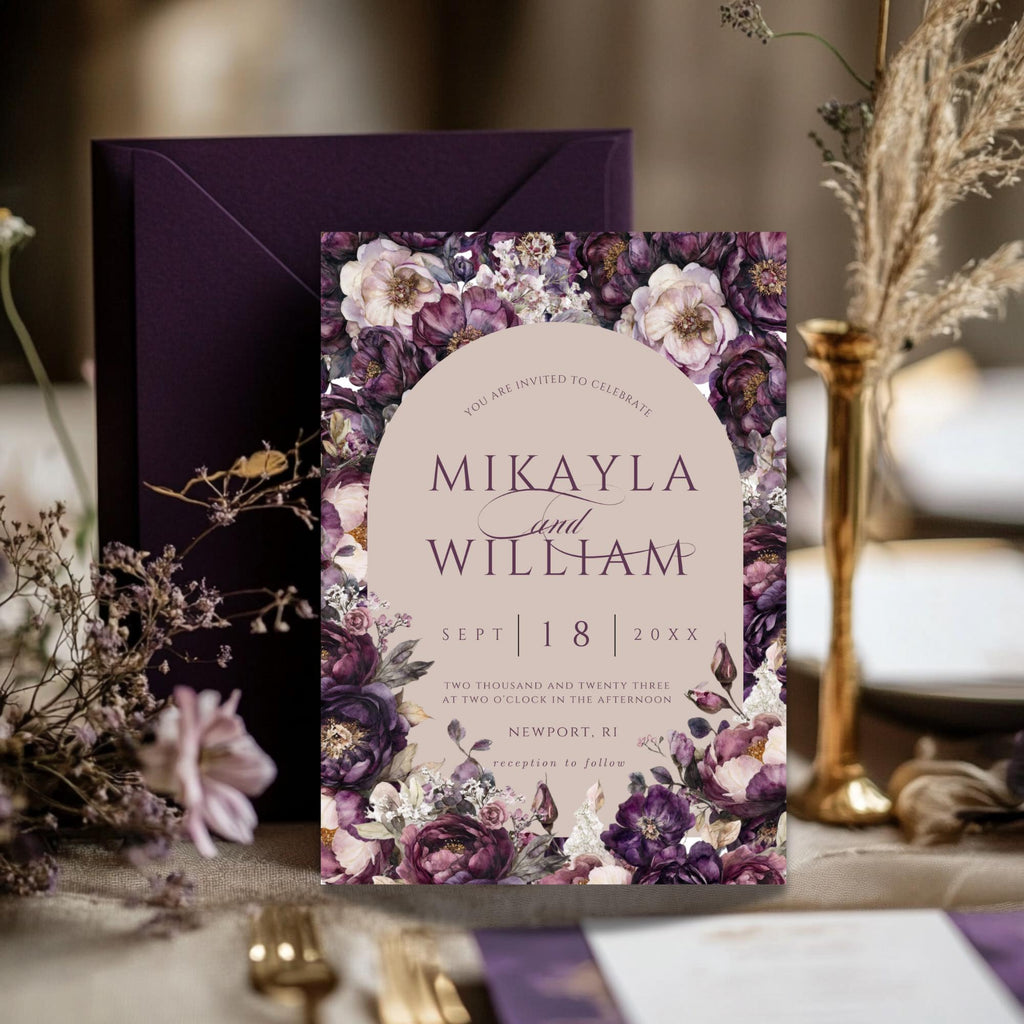 Moody Purple Floral Wedding Invitation Template: Elegant Arch Design (Digital Download, 5x7 inches)