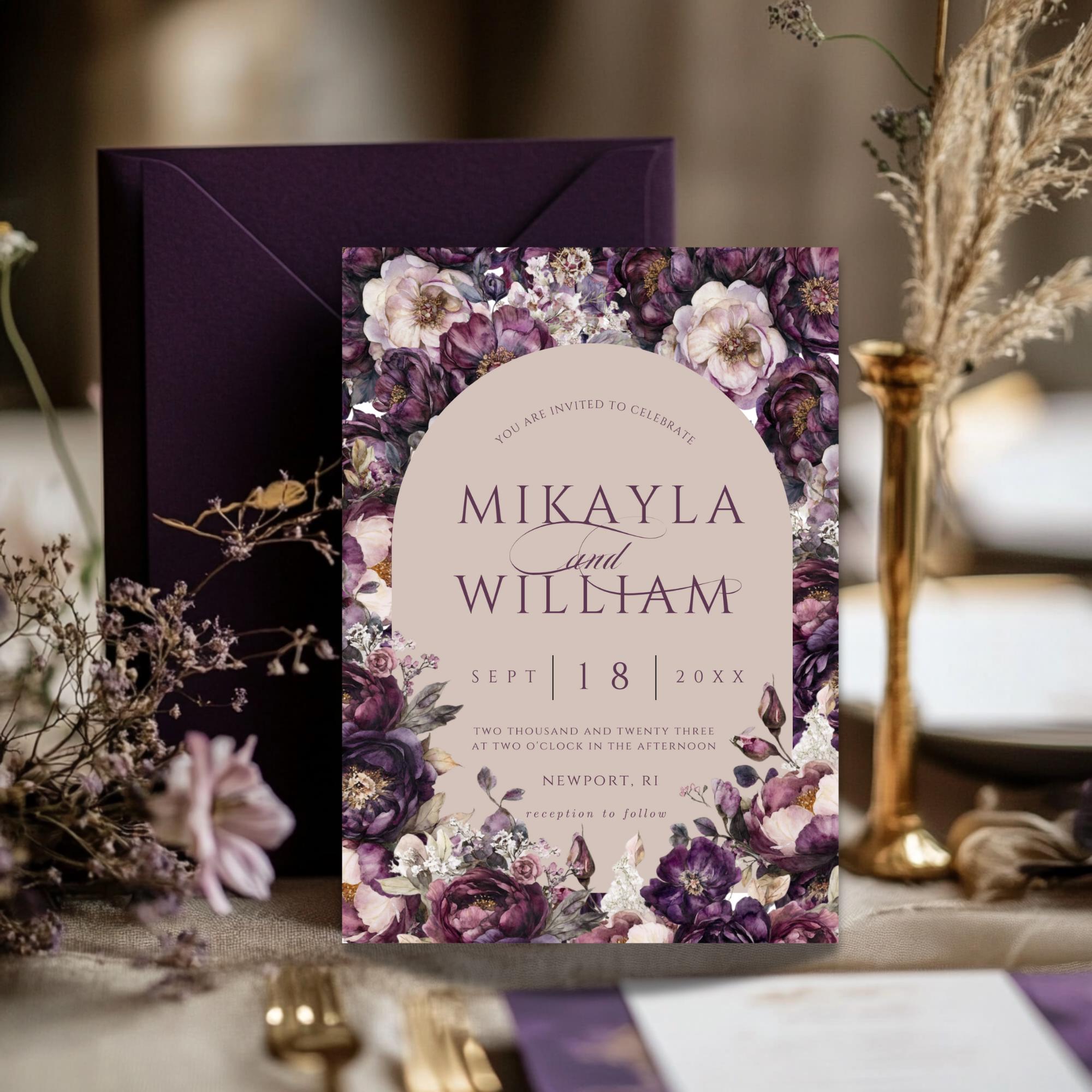 Moody Purple Floral Wedding Invitation Template: Elegant Arch Design (Digital Download, 5x7 inches)