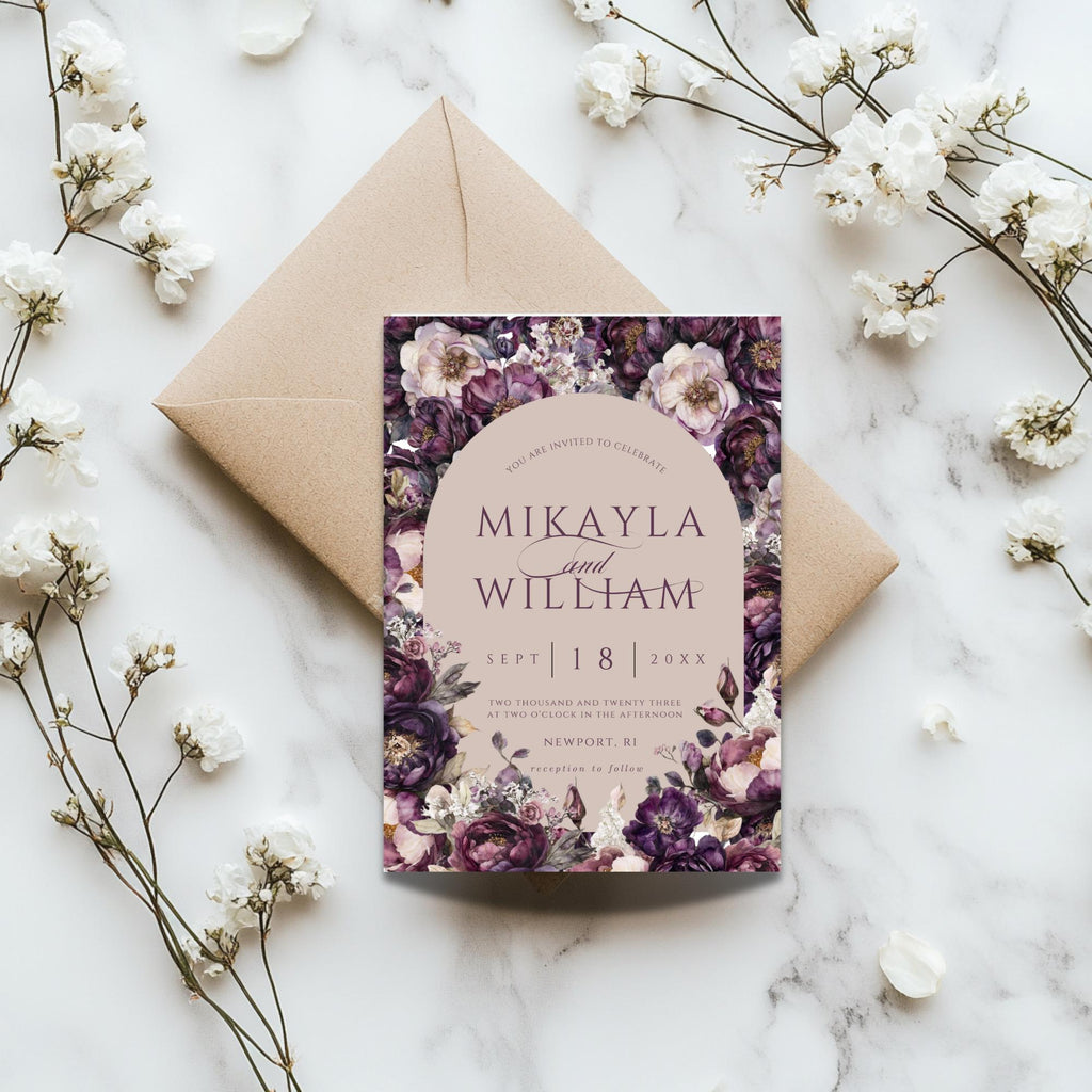 Moody Purple Floral Wedding Invitation Template: Elegant Arch Design (Digital Download, 5x7 inches)