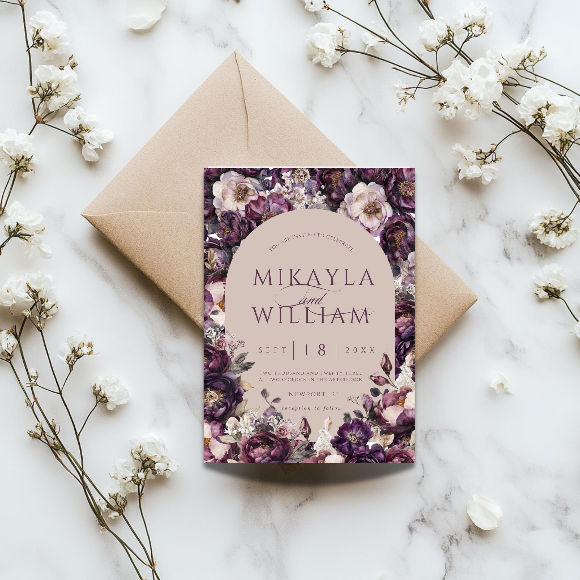 Moody Purple Floral Wedding Invitation Template: Elegant Arch Design (Digital Download, 5x7 inches)