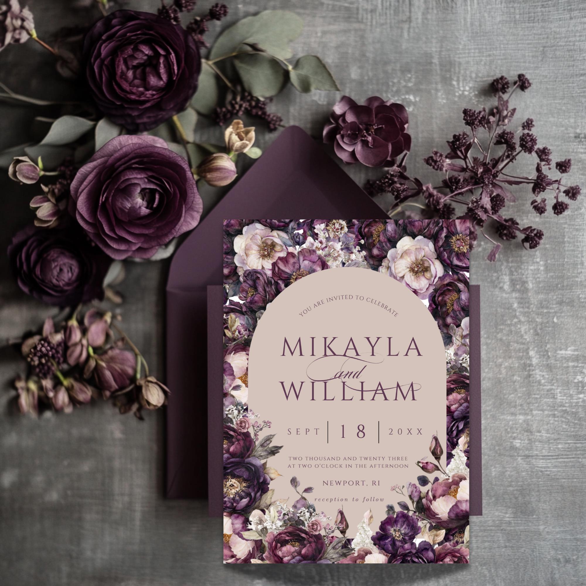Moody Purple Floral Wedding Invitation Template: Elegant Arch Design (Digital Download, 5x7 inches)