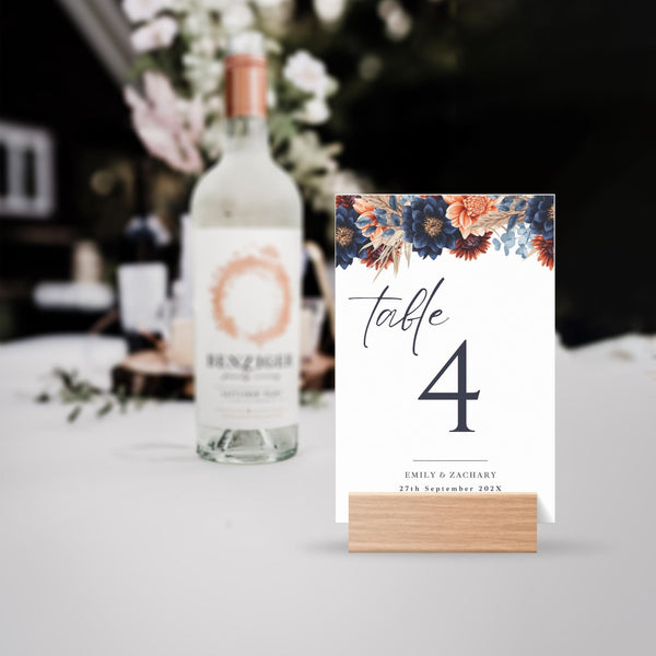 Terracotta & Navy Floral Table Number Sign: Elegant Fall Wedding Decor (Canva Template, Digital Download)
