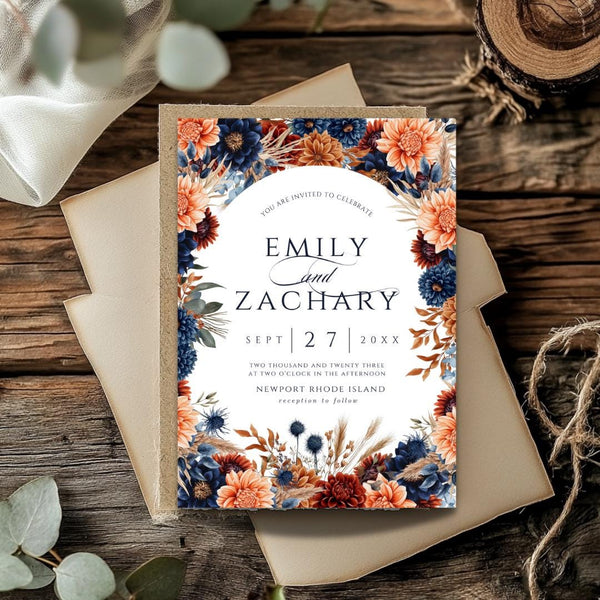 Rustic Floral Wedding Invitation: Navy & Burnt Orange (Canva Editable, Instant Download)