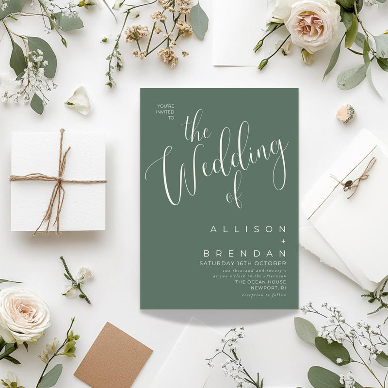Modern Wedding Invitation Template - Sage Green - Editable & Printable - Elegant Script Design - DIY Wedding