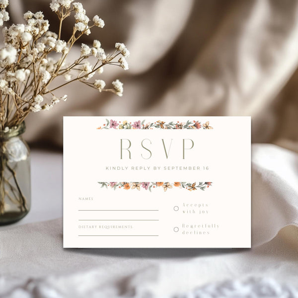 Wildflower Wedding RSVP Card Template - Canva Editable, Instant Download - Fall Wedding Theme