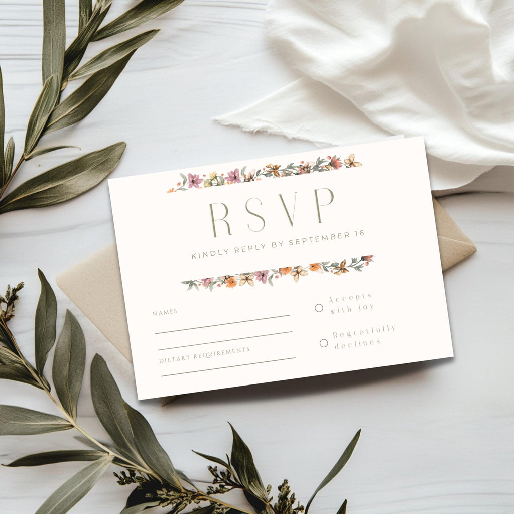 Wildflower Wedding RSVP Card Template - Canva Editable, Instant Download - Fall Wedding Theme