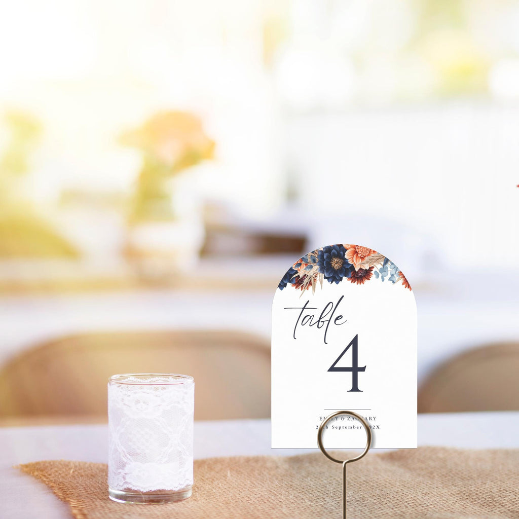 Terracotta & Navy Floral Table Number Sign: Elegant Fall Wedding Decor (Canva Template, Digital Download)