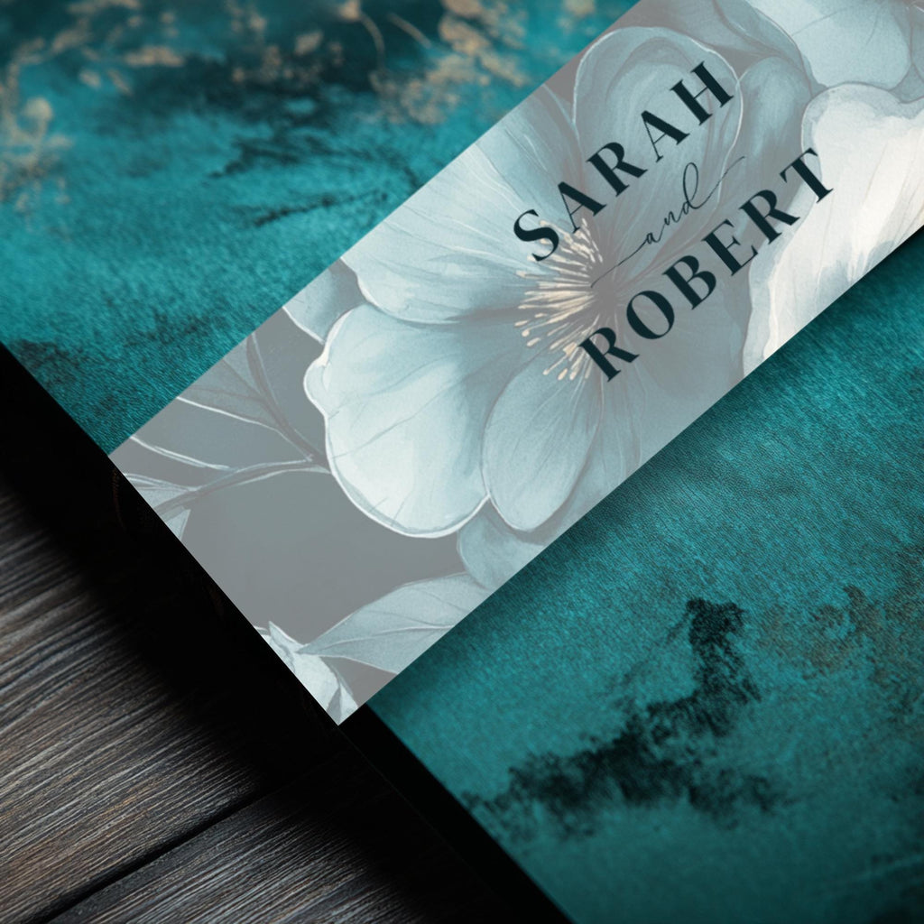 Moody Teal Floral Wedding Belly Band: Elegant Invitation Wrap (Printable Template, Digital Download)