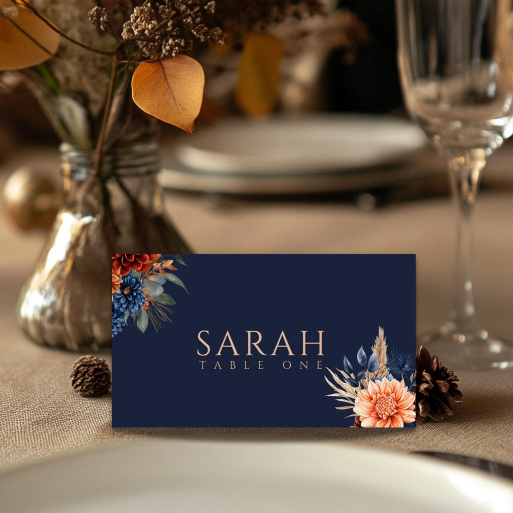 Fall Flower Navy & Terracotta Wedding Place Cards –Editable Folded Name Cards – Fall Table Setting – Instant Download – Canva Template