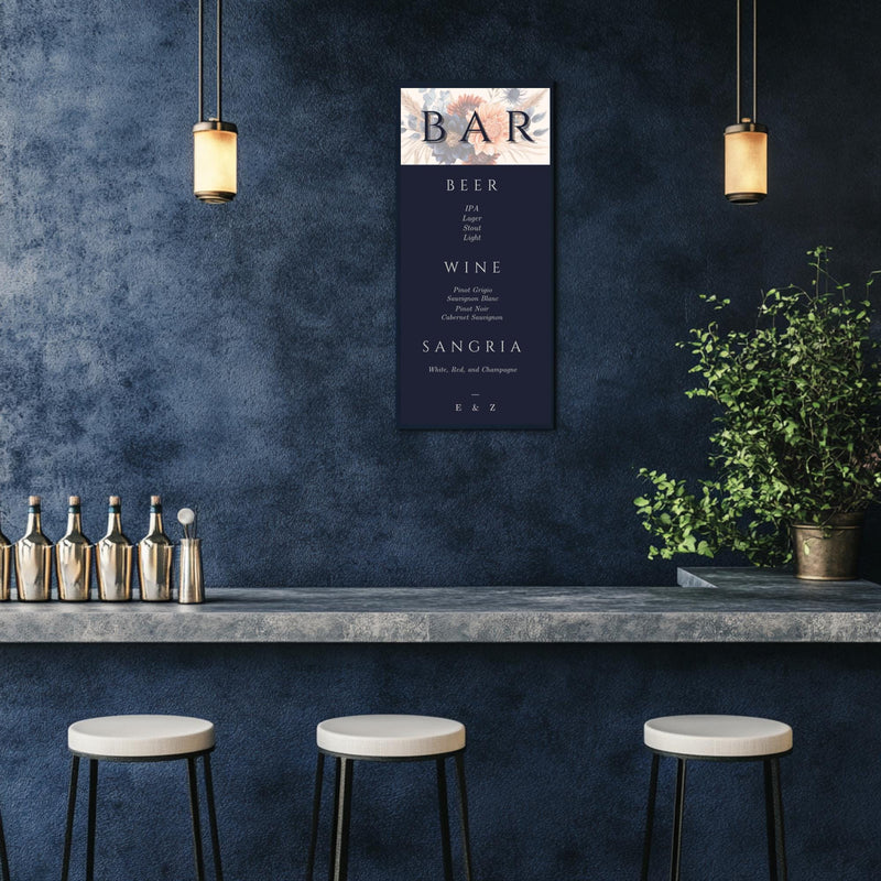Navy Floral Wedding Bar Menu Template: Editable Printable Sign (Instant Download, 4x9")