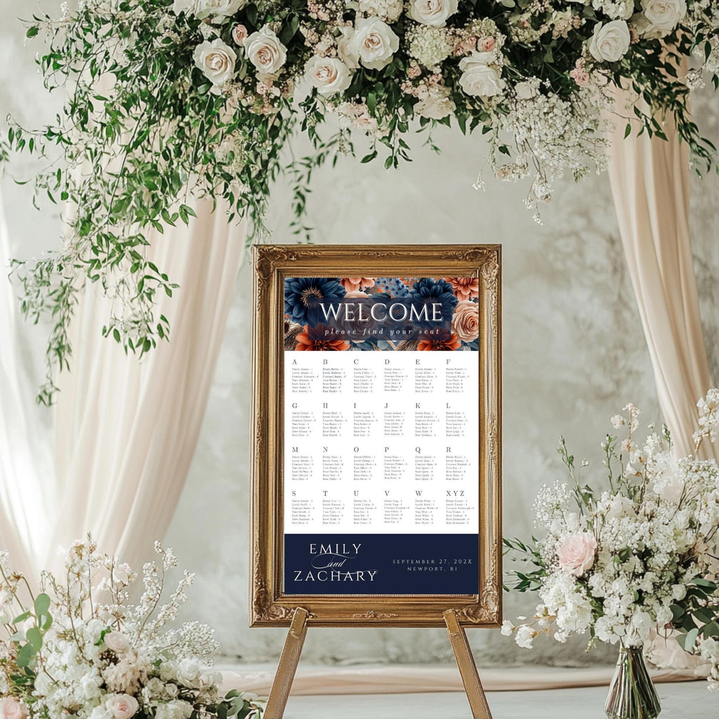 Fall Flowers Navy and Orange Wedding Seating Chart Template - Alphabetical Guest List (Canva Editable, 24x36") - DIY Bride