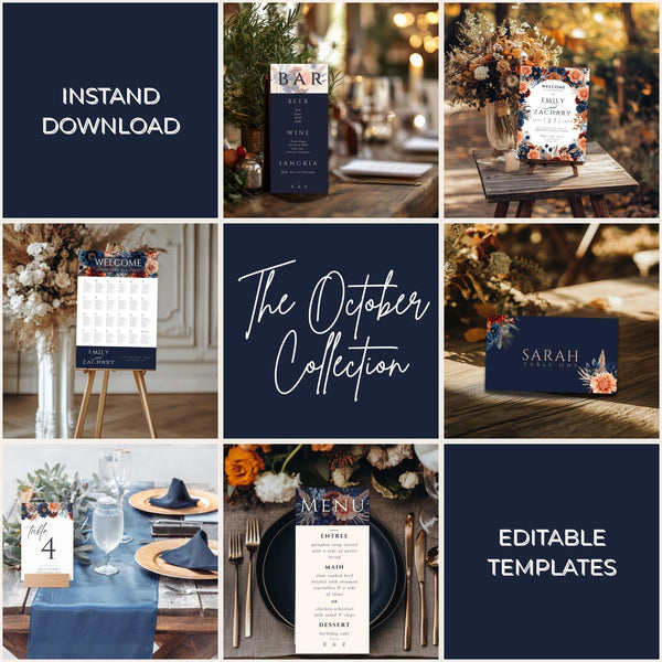 Rustic Fall Wedding Signage Bundle: Navy & Terracotta Canva Templates (Digital Download