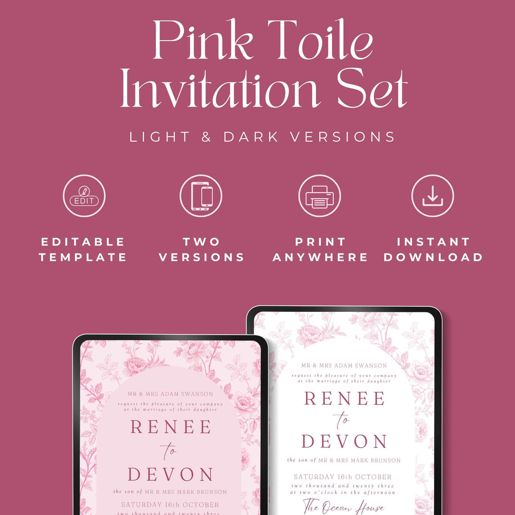 Pink Toile Wedding Invitation Template: Blush & Rose Floral (Canva Editable, Digital Download)