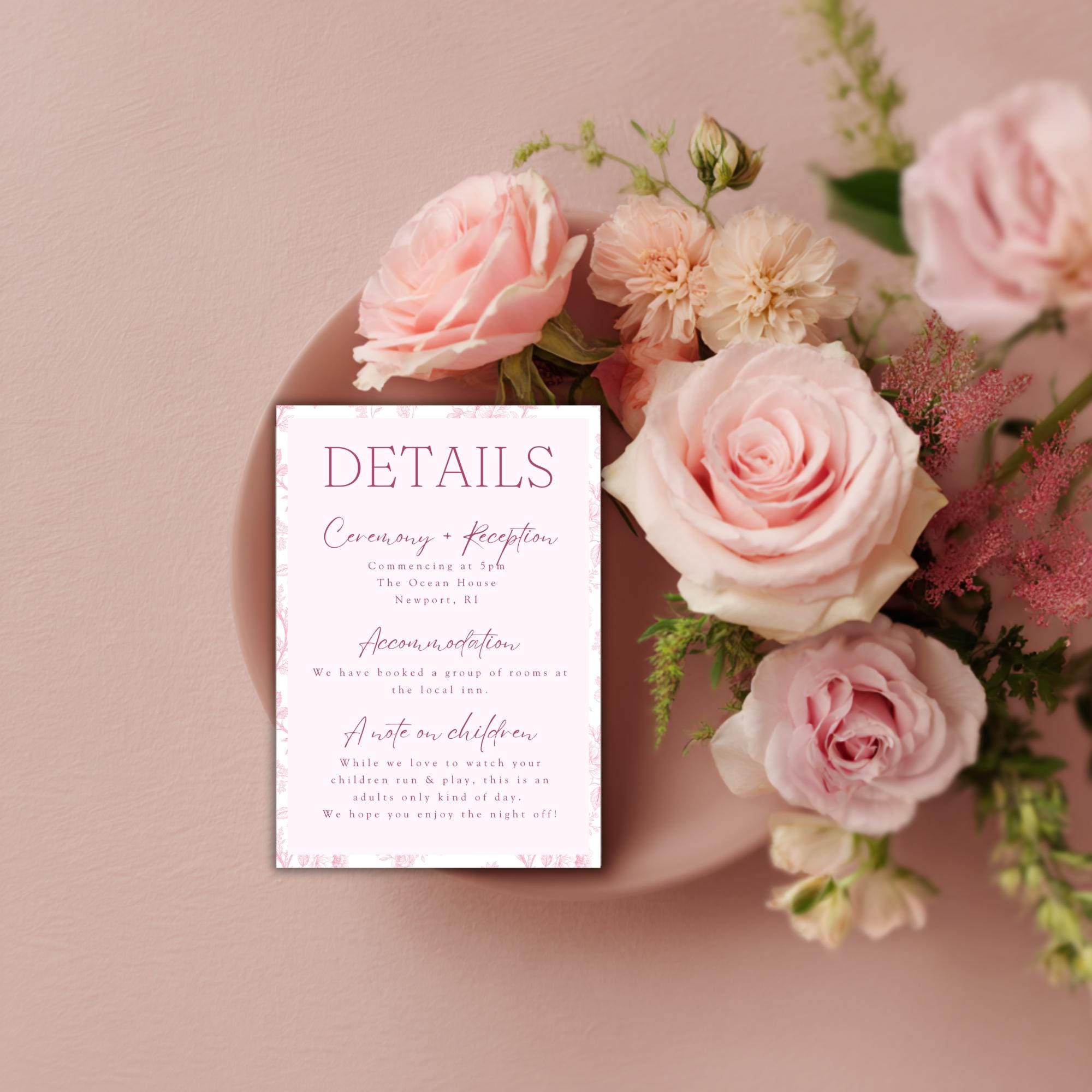Pink Toile Wedding Details Card: Editable Canva Template (Digital Download)