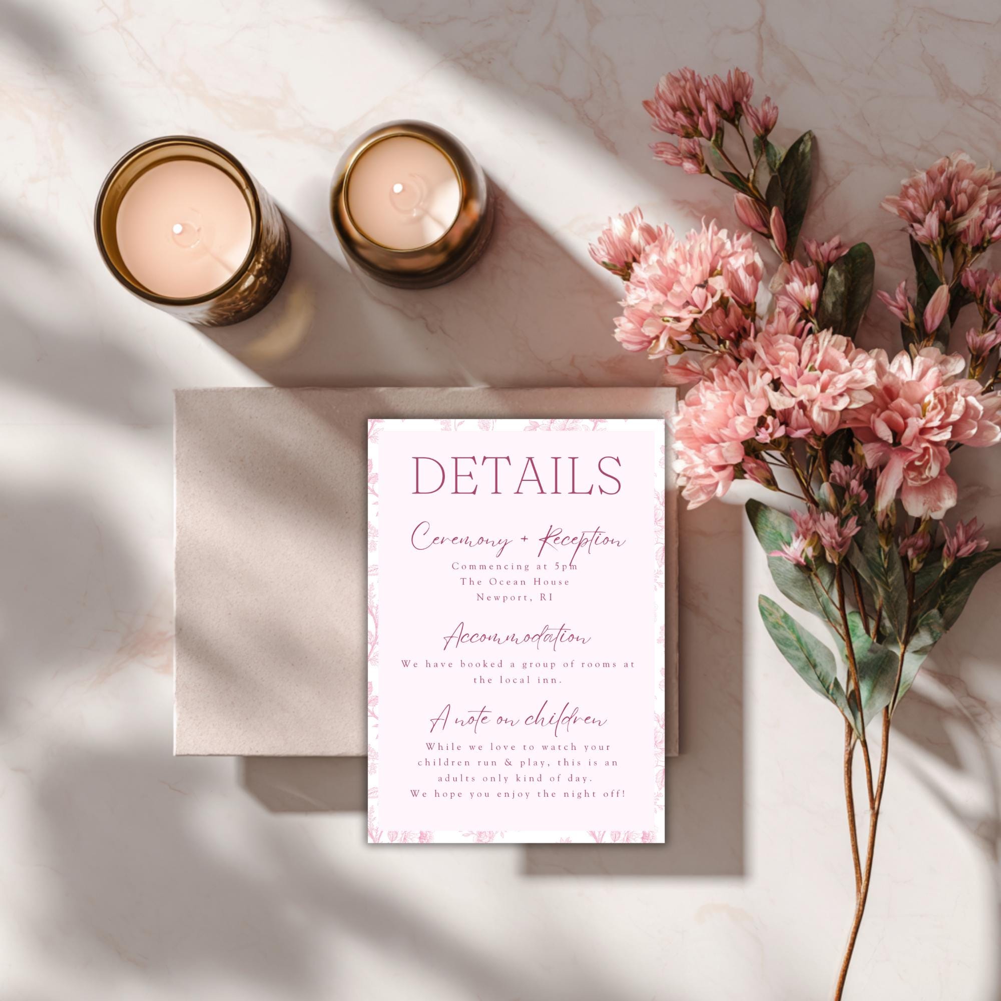 Pink Toile Wedding Details Card: Editable Canva Template (Digital Download)