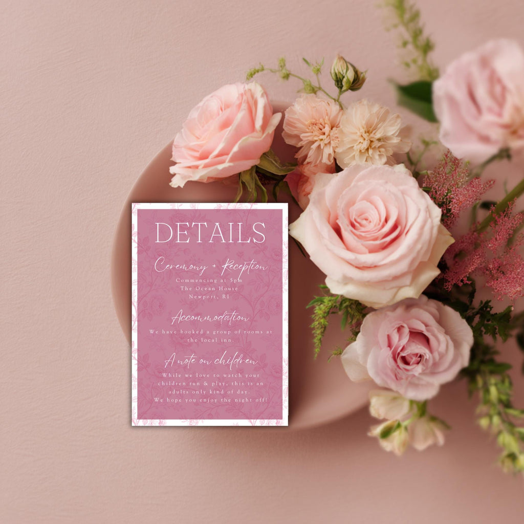 Pink Toile Wedding Details Card: Editable Canva Template (Digital Download)