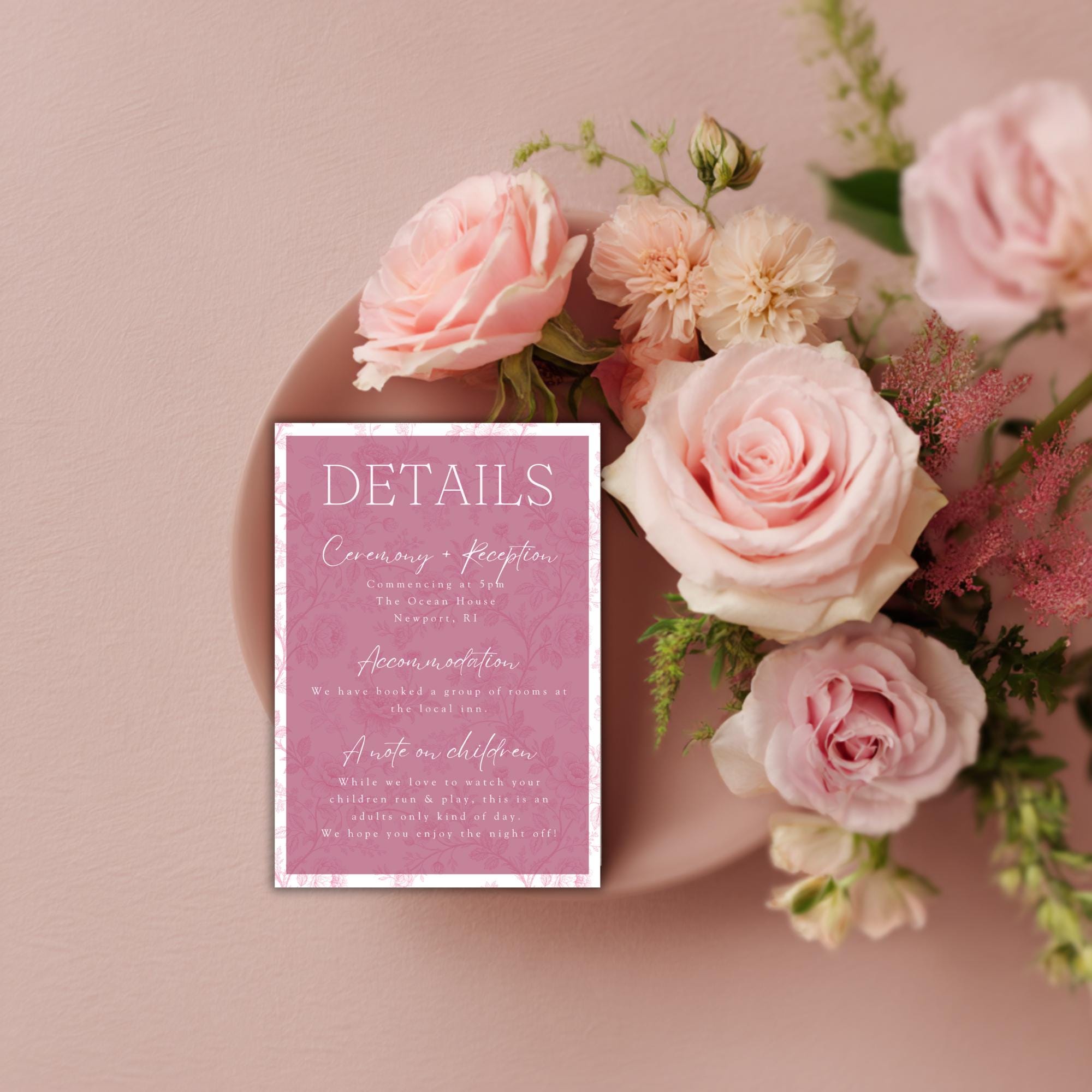 Pink Toile Wedding Details Card: Editable Canva Template (Digital Download)