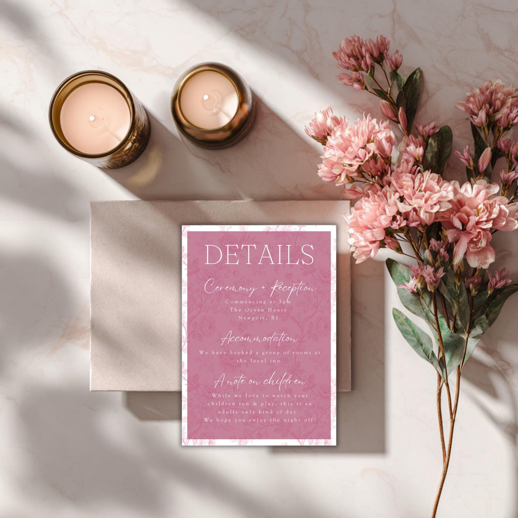 Pink Toile Wedding Details Card: Editable Canva Template (Digital Download)