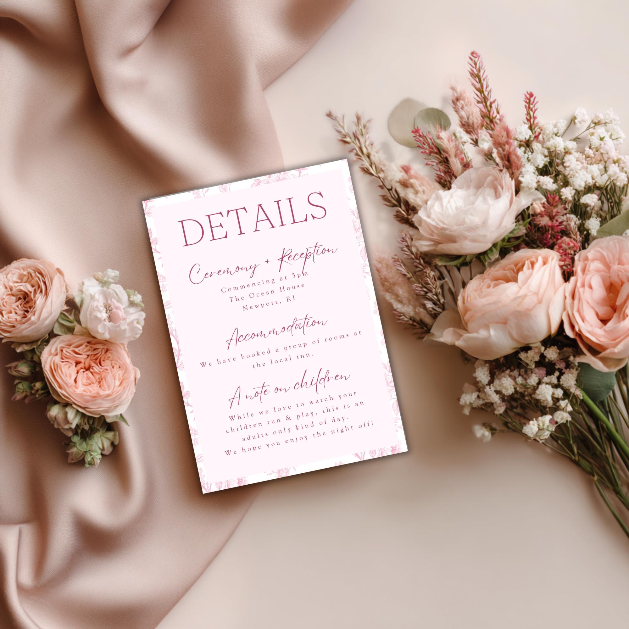 Pink Toile Wedding Details Card: Editable Canva Template (Digital Download)