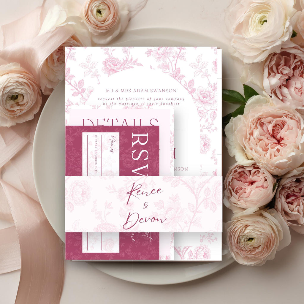 Elegant Floral Wedding Invitation Set: Mauve & Blush Pink (Editable PDF Template
