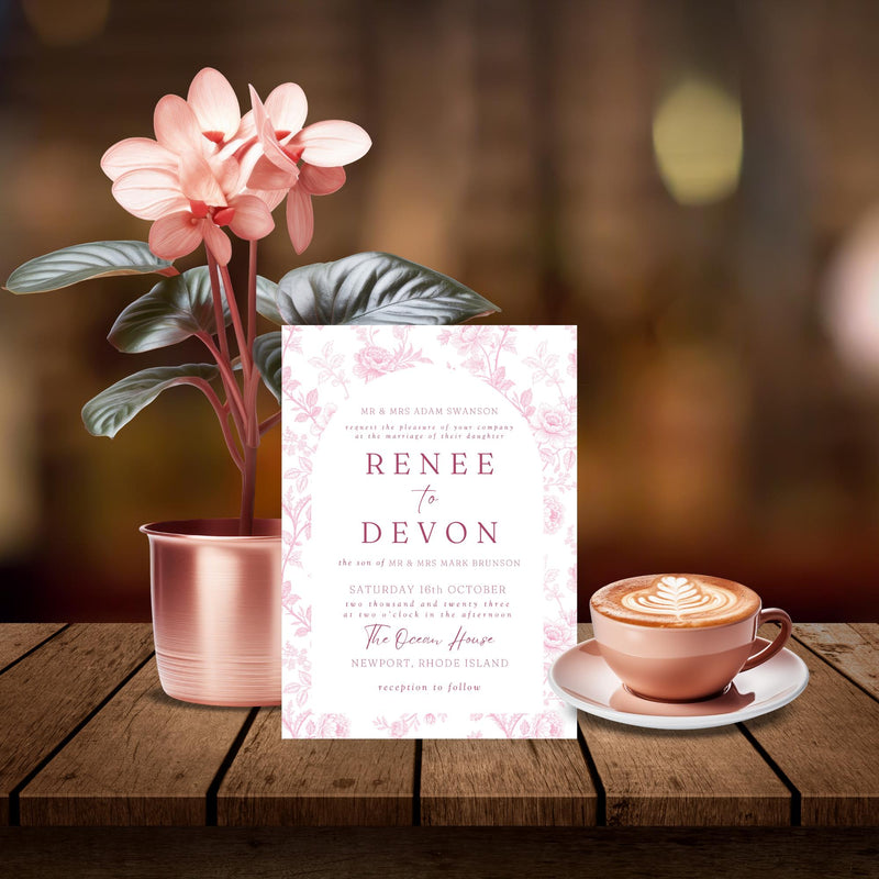 Pink Toile Wedding Invitation Template: Blush & Rose Floral (Canva Editable, Digital Download)