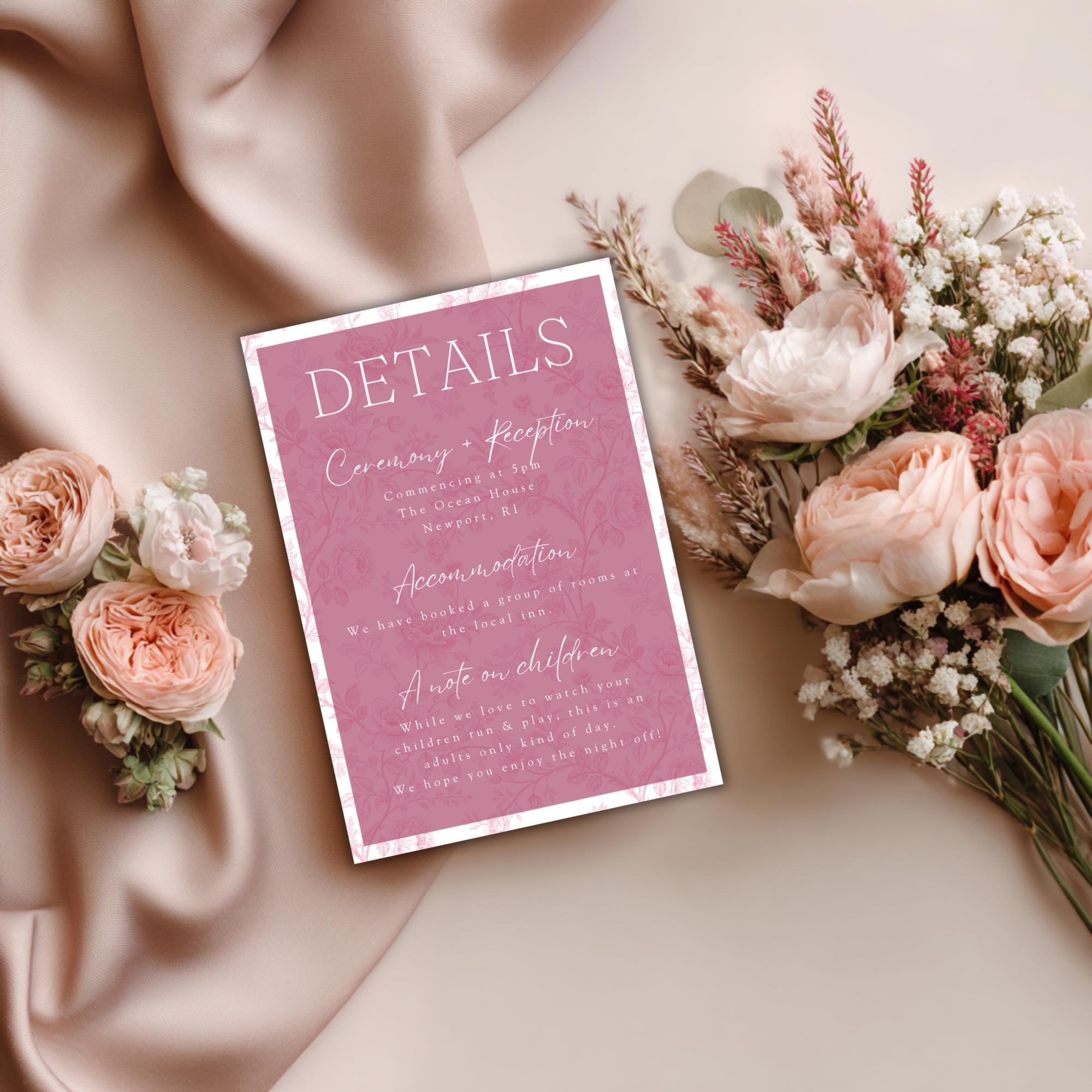 Pink Toile Wedding Details Card: Editable Canva Template (Digital Download)