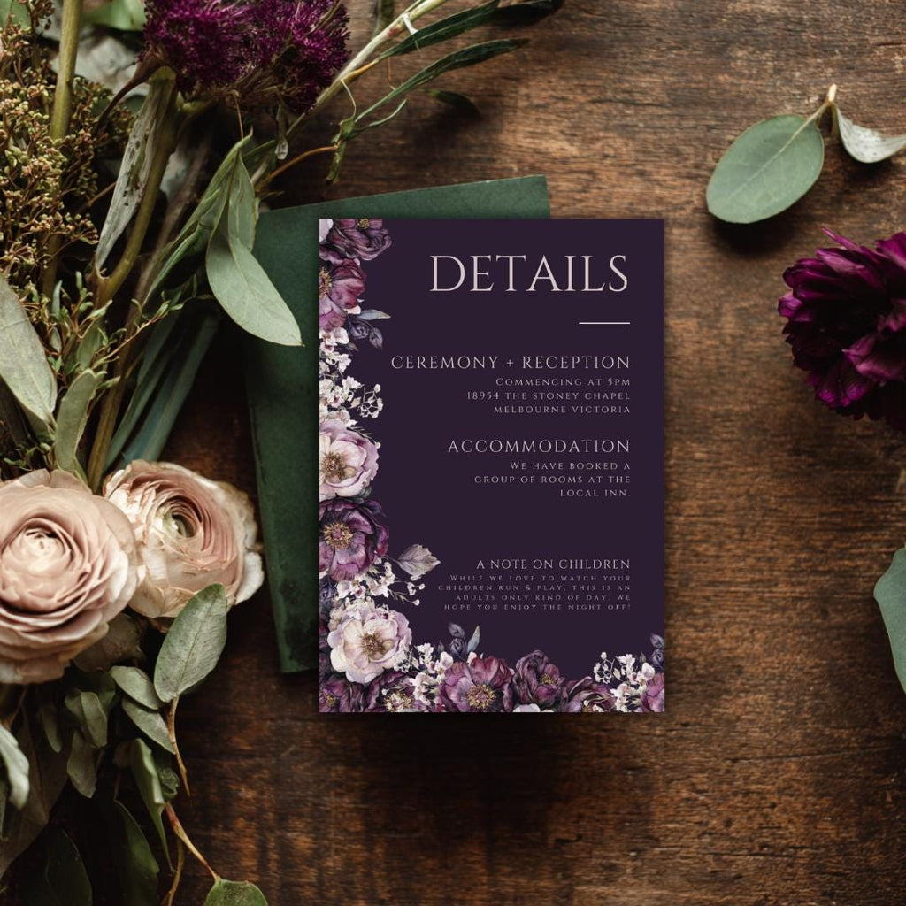 Moody Purple Wedding Details Card Template: Plum Floral, Editable Canva (PDF Download)