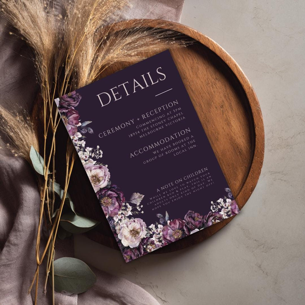 Moody Purple Wedding Details Card Template: Plum Floral, Editable Canva (PDF Download)
