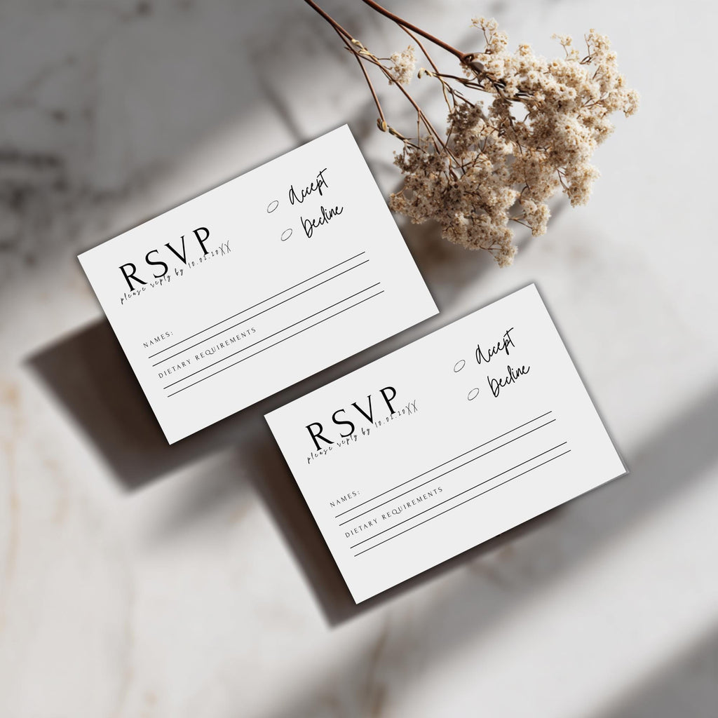 Minimalist Wedding RSVP Card Template: Modern Black & White (Instant Download, Canva Editable)