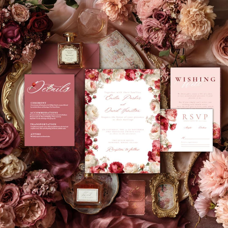 Floral Wedding Invitation Suite Template | Blush & Burgundy Peony Printable Wedding Stationery | Editable Digital Download