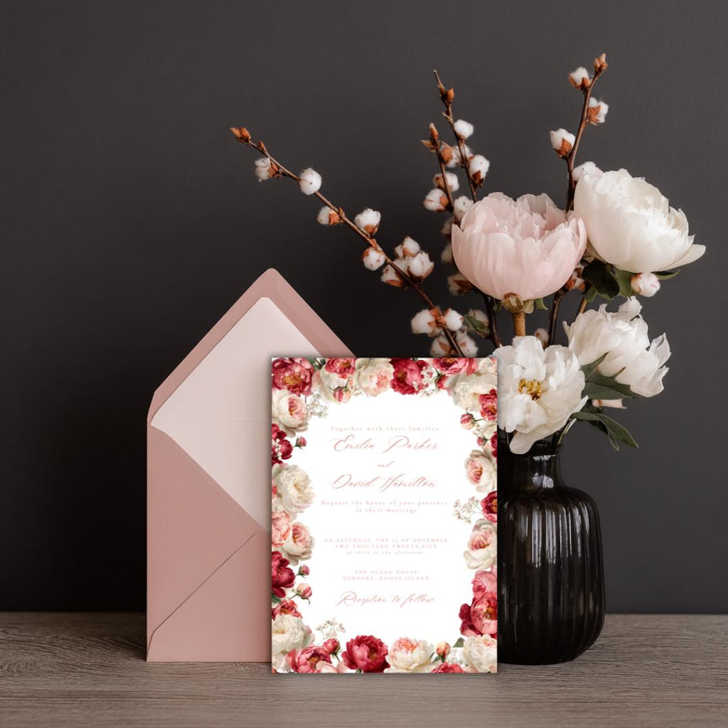 Floral Wedding Invitation Suite Template | Blush & Burgundy Peony Printable Wedding Stationery | Editable Digital Download