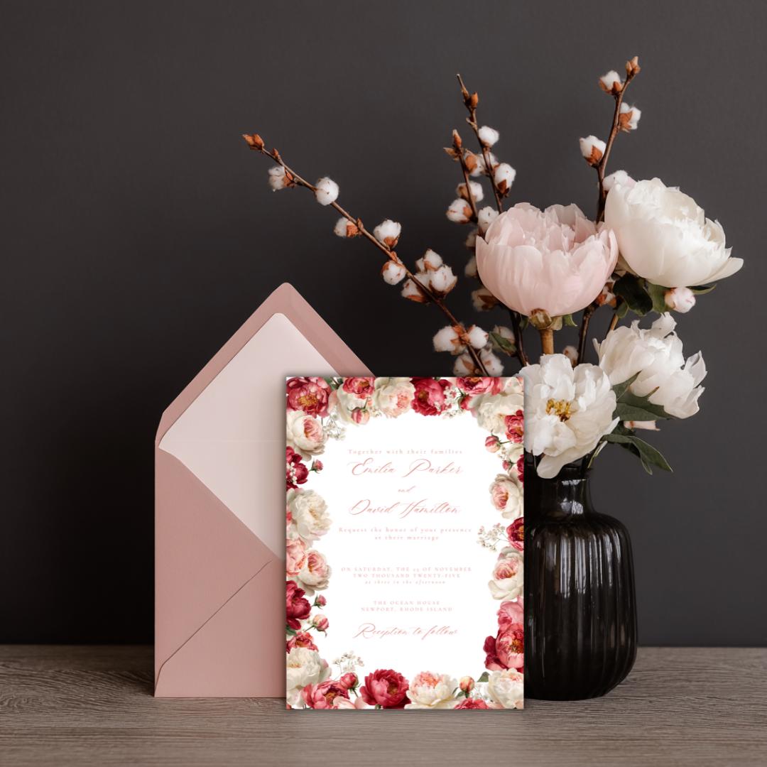 Floral Wedding Invitation Suite Template | Blush & Burgundy Peony Printable Wedding Stationery | Editable Digital Download