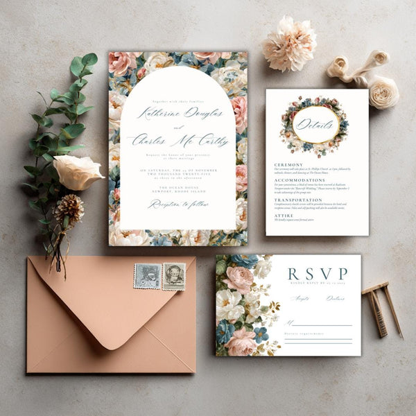 Rococo Floral Wedding Invitation Suite: Editable Canva Template (Printable)