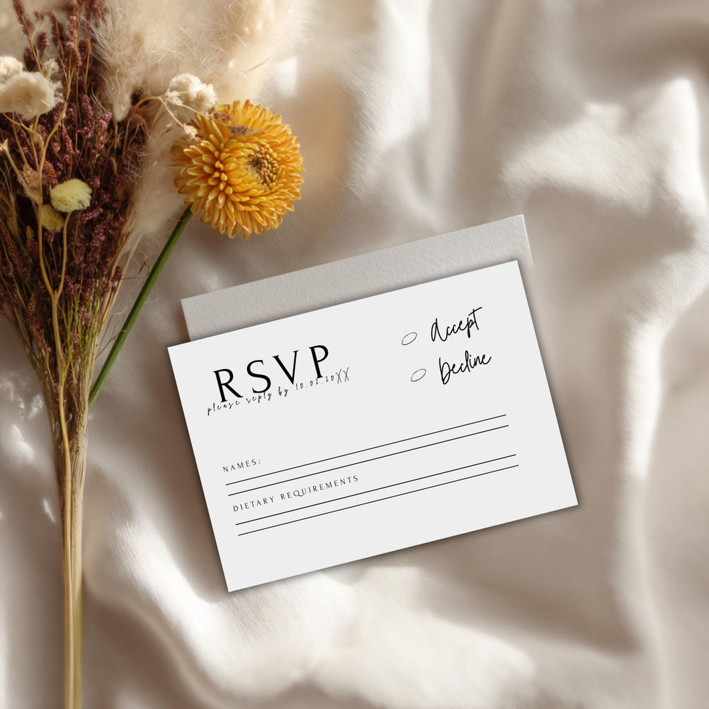 Minimalist Wedding RSVP Card Template: Modern Black & White (Instant Download, Canva Editable)
