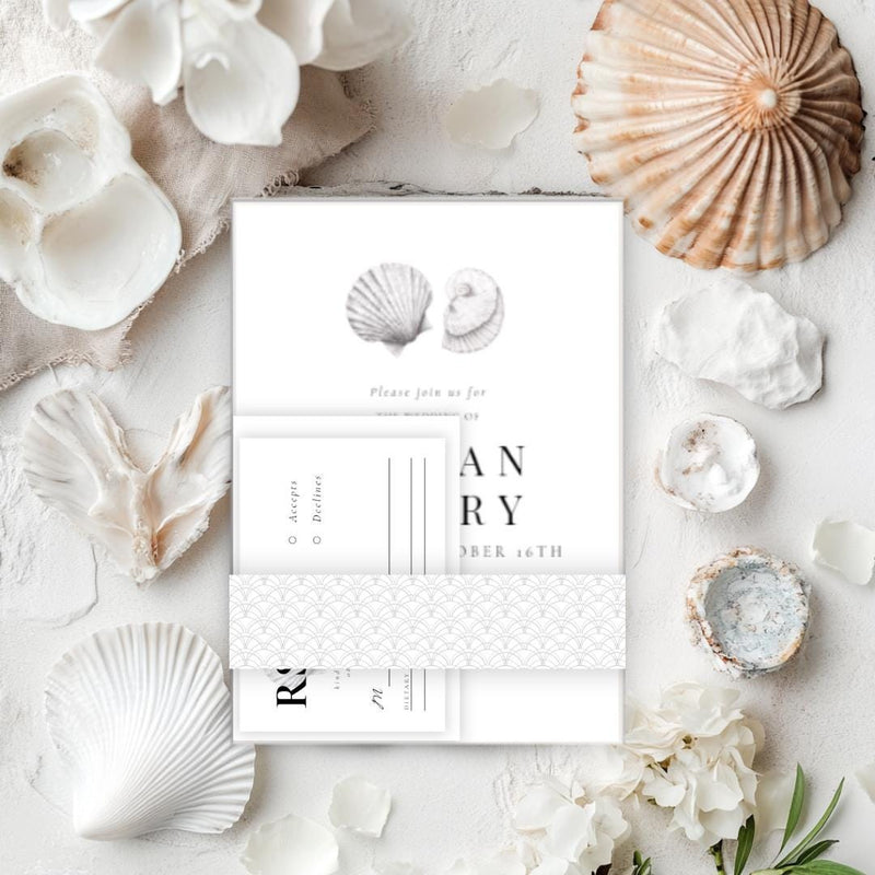 Minimalist Seashell Wedding Invitation Suite: Coastal Beach Design