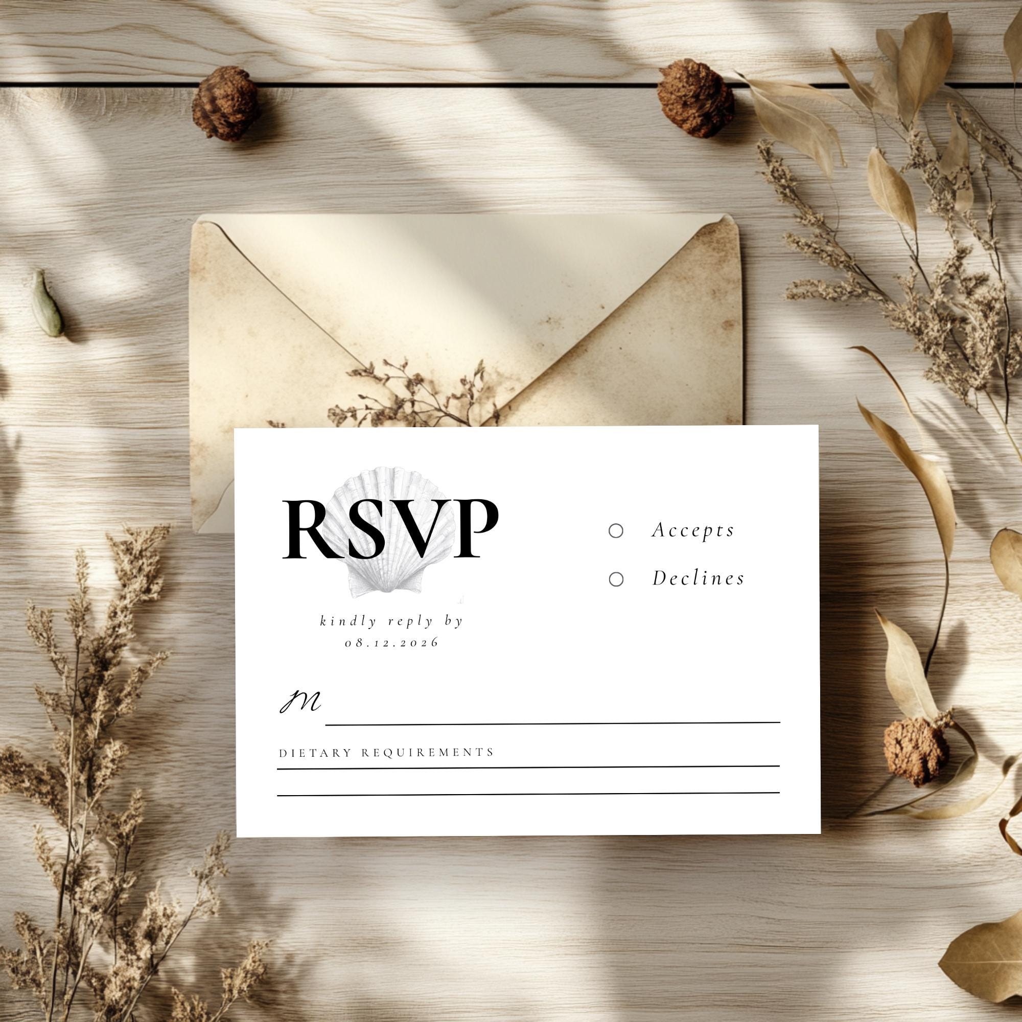 Seashell Wedding RSVP Card Template - Coastal Beach Design - Instant Download - Sea Shell Wedding Theme
