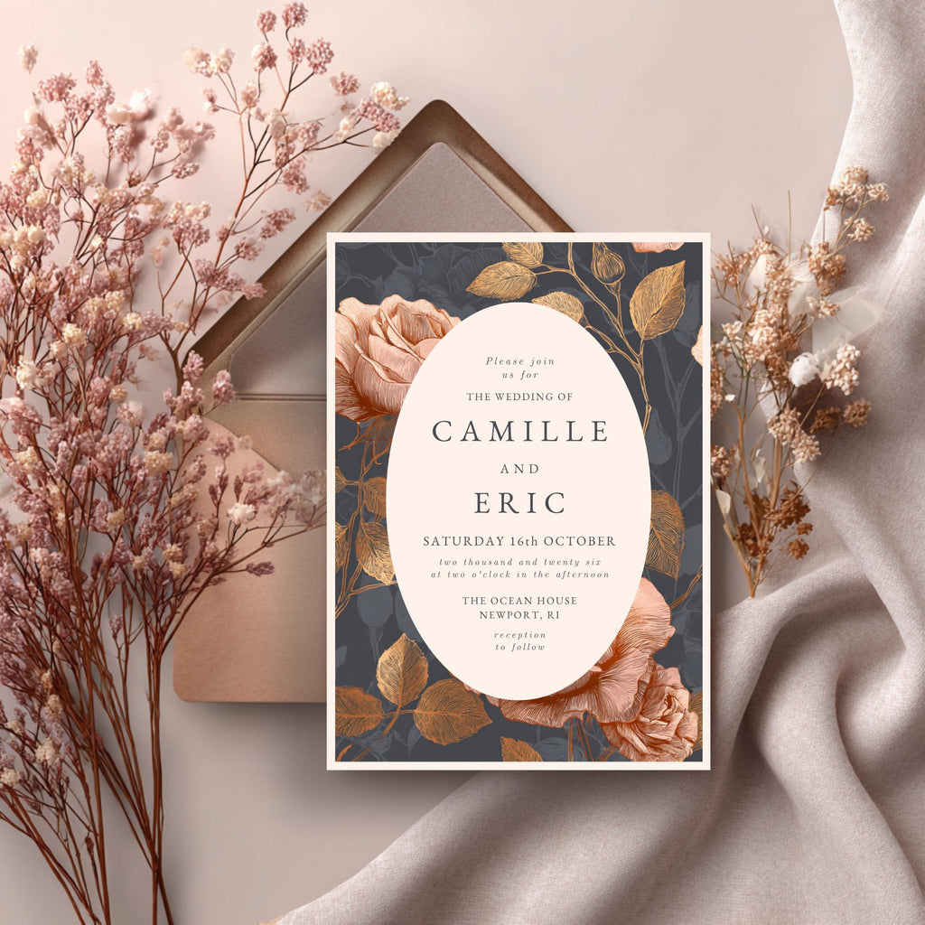 Rose & Gold Wedding Invitation Template: Editable Floral Design (Digital Download)