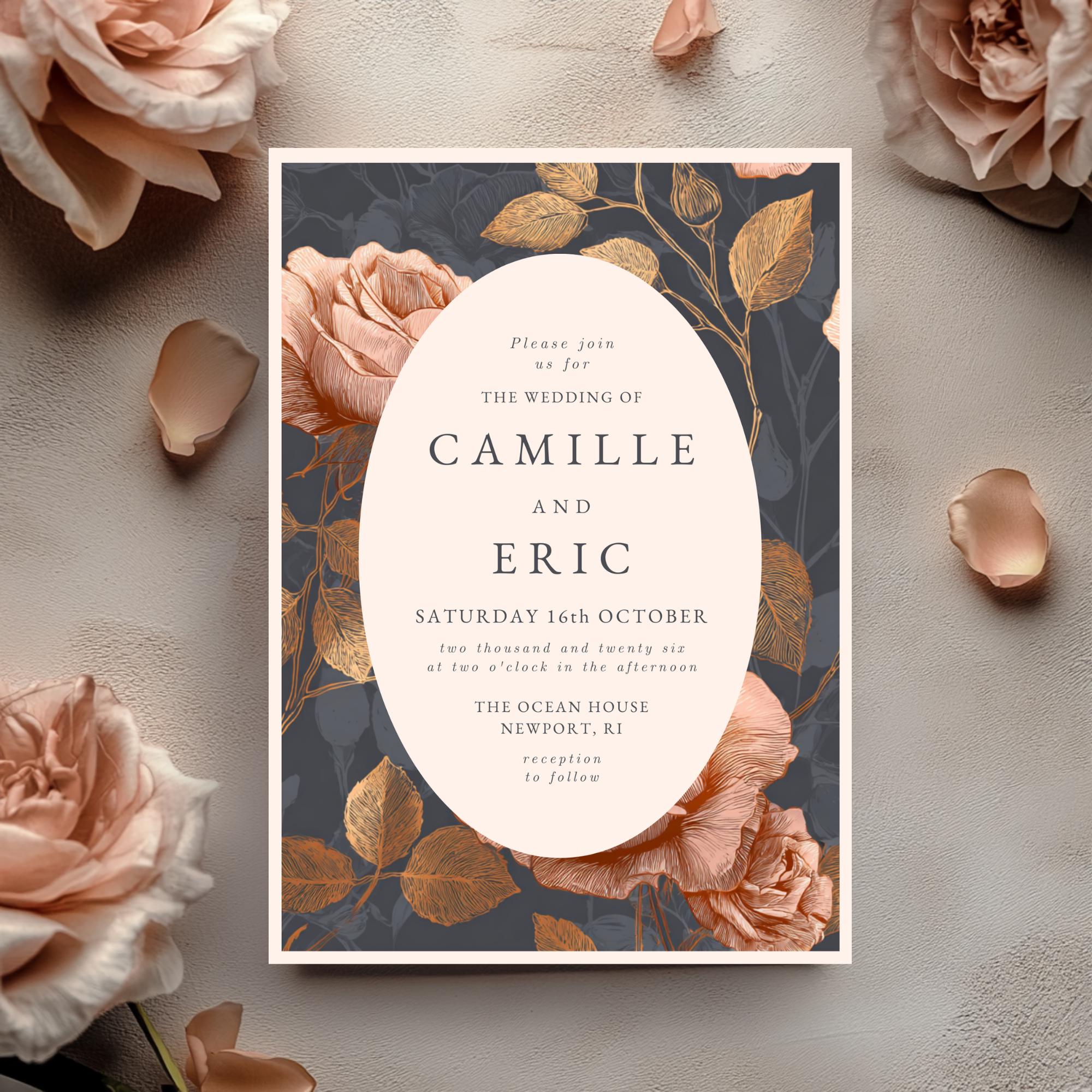 Rose & Gold Wedding Invitation Template: Editable Floral Design (Digital Download)